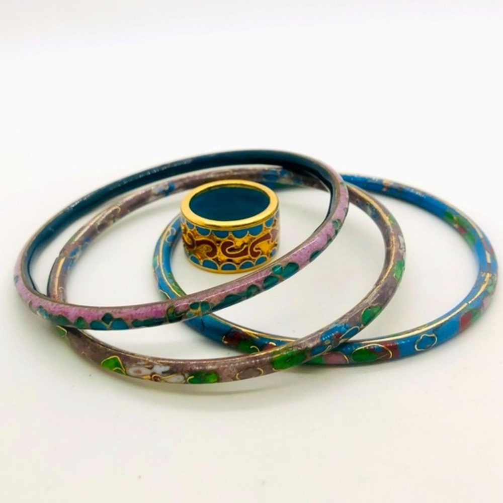 Vintage Cloisonné Bracelet Stack & Enameled Ring